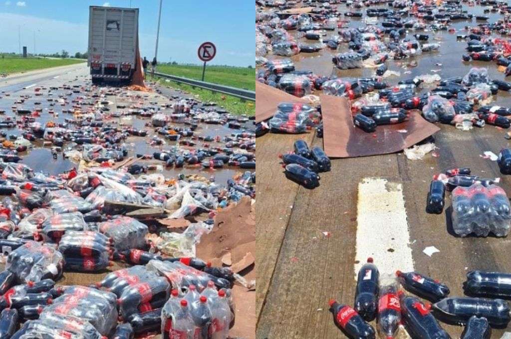 Volcó un camión cargado con gaseosas en el acceso a San Jerónimo del Sauce