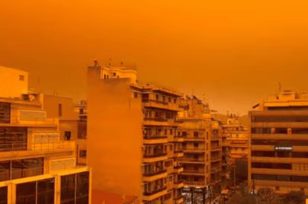 Video: un impresionante manto de polvo del Sahara tiñó el cielo de Atenas de color naranja