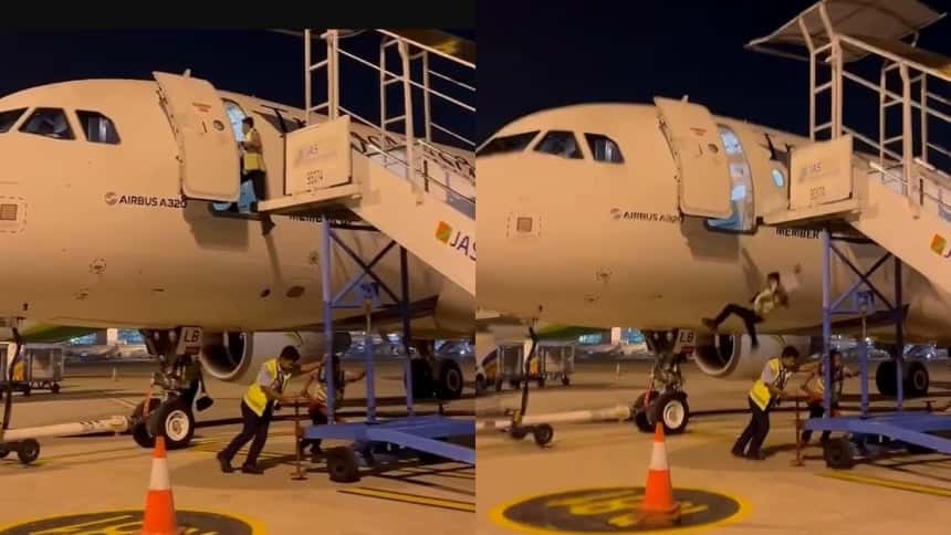 El empleado de una aerolínea cayó desde la puerta de un avión y el video se hizo viral