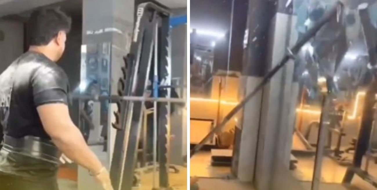 El entrenamiento terminó mal: perdió el control de la barra y destrozó un espejo del gimnasio