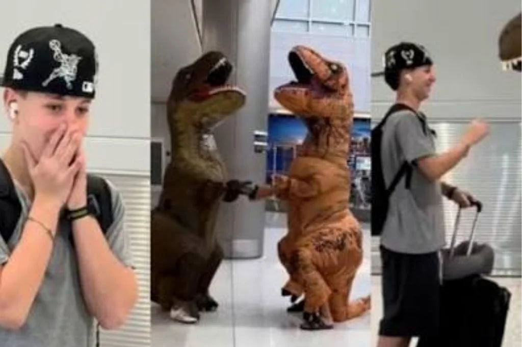 Jimena Barón sorprendió a su hijo Momo disfrazada de dinosaurio en el aeropuerto de Miami